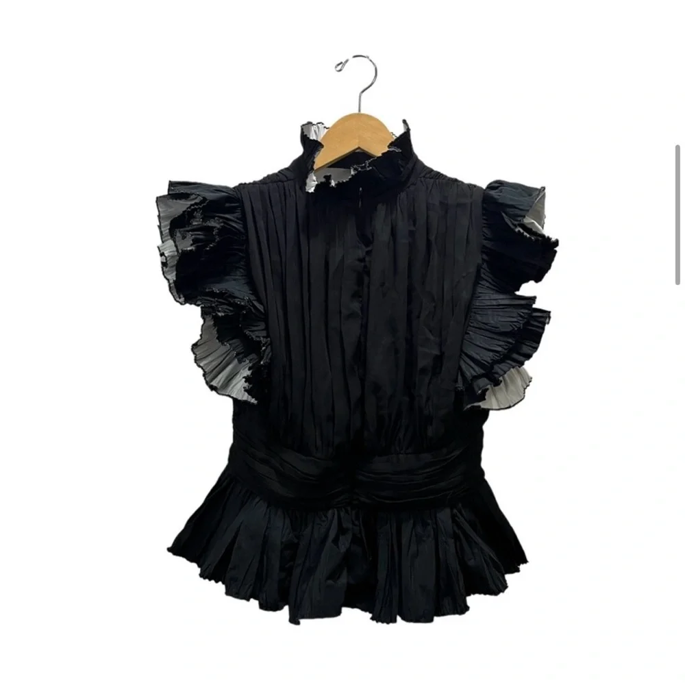 Zara Studio Black Taffeta Voluminous Ruffled Frilly Sleeve Blouse - Picture 4 of 13